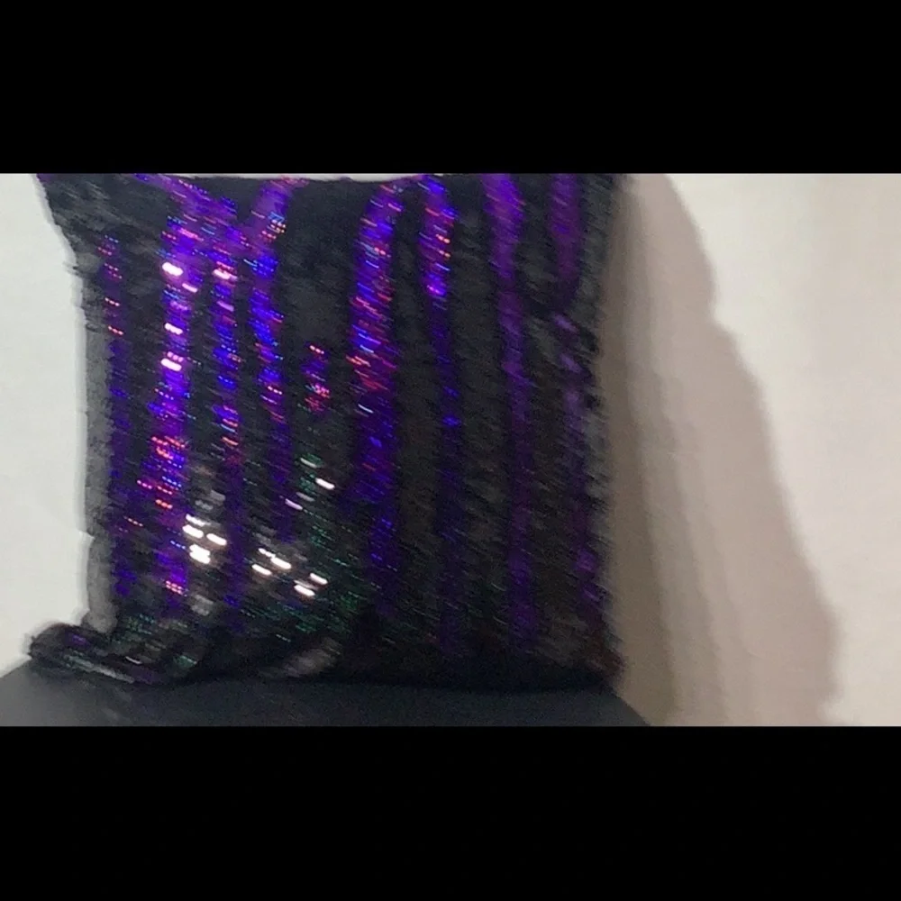 Reversible Sequins Pillow with black plush backside metallic purple & black